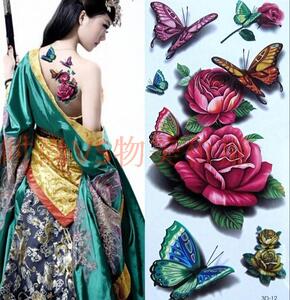 3d防水纹身贴纸女款玫瑰花蝴蝶背部古装写真拍摄全店18包邮