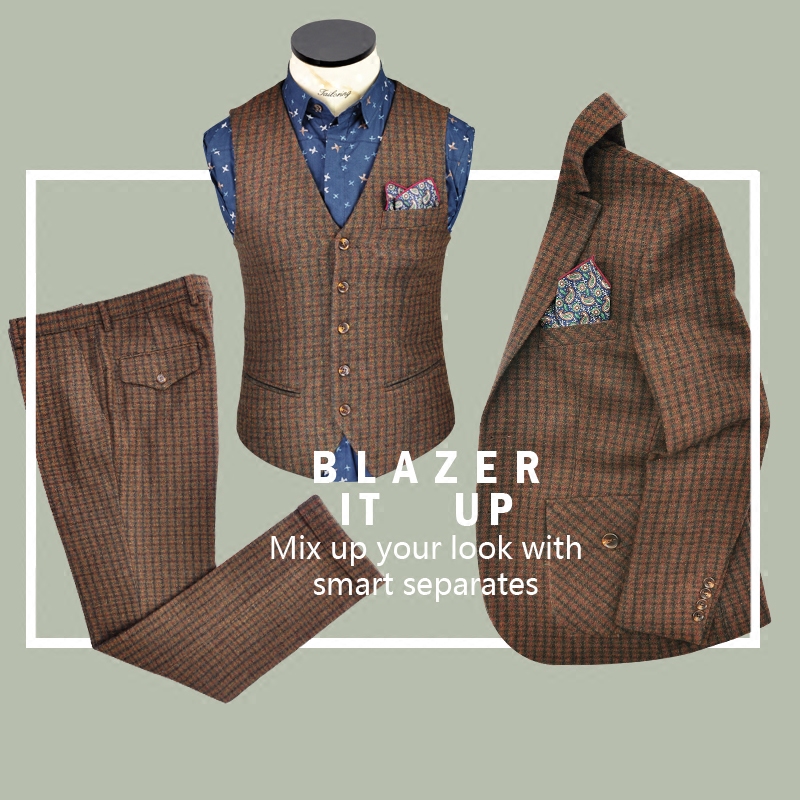 英式骑行咖啡色粗花呢三件男西服