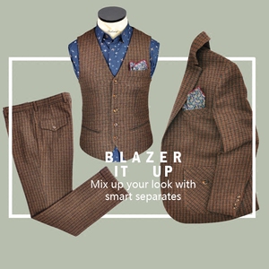 Tweed run英式复古骑行咖啡色羊毛粗花呢修身男西服西装三件套装