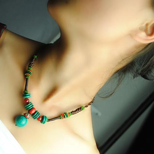 简约清新文艺范复古松石项链短款锁骨链女民族风个性百搭棉麻配饰