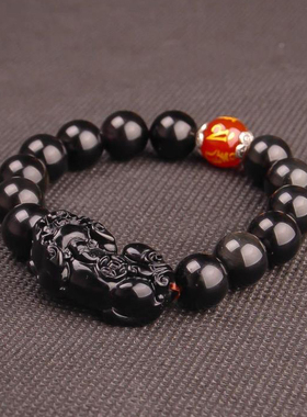 天然黑曜石六字真言貔貅手链