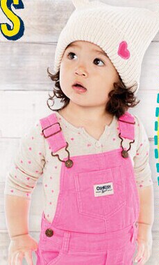 美国采购正品现货OSHKOSH模特款女婴女童T恤加粉色条绒背带裤套装