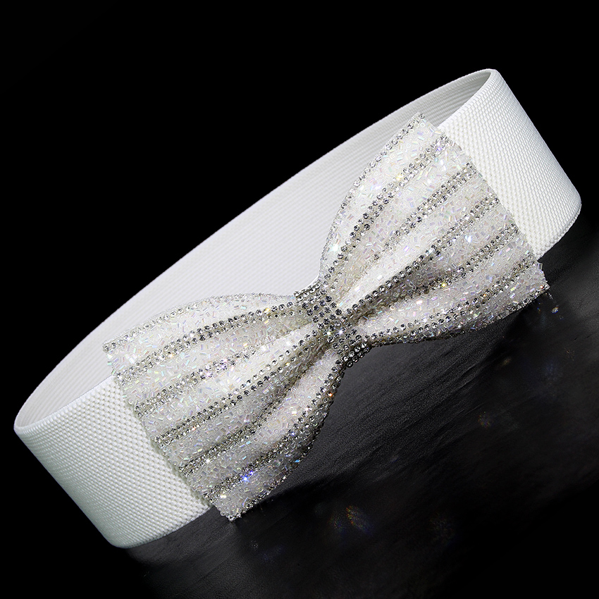 新款韩版蝴蝶结水钻松紧腰带女 宽 弹力腰封百搭连衣裙羽绒服白色