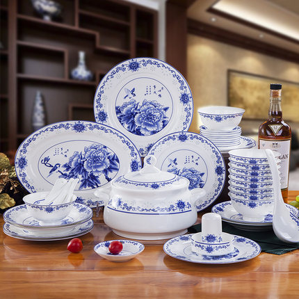 景德镇高档青花瓷餐具组合28/56头陶瓷器家用中式骨瓷碗盘碟套装