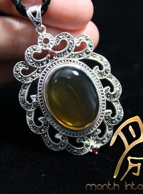 月成琥珀蜜蜡半银做旧款diy配件