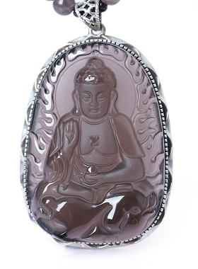 冰种黑曜石925银阿弥陀佛吊坠