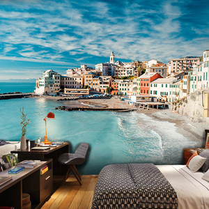 地中海风景沙发壁画蓝天白云电视背景墙纸客厅休闲吧咖啡厅壁纸