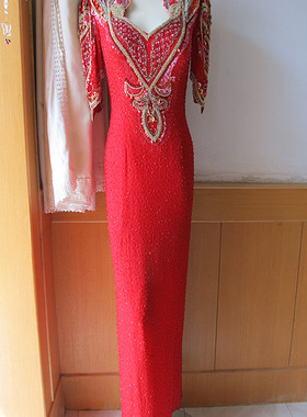 古董法国原单重工真丝露背钉珠新娘婚纱晚礼服晚宴敬酒连衣裙孤品