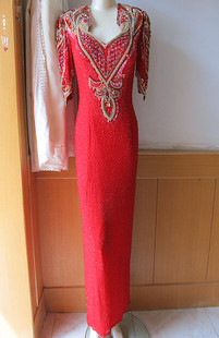 古董法国原单重工真丝露背钉珠新娘婚纱晚礼服晚宴敬酒连衣裙孤品