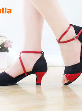 小红跟拉丁舞鞋女成人中跟四季舞蹈鞋交谊摩登广场跳舞软底高跟