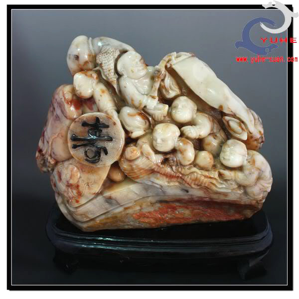 寿山石精品 国石珍品 芙蓉石 童子献寿 人生如意摆件【裕和轩】H7