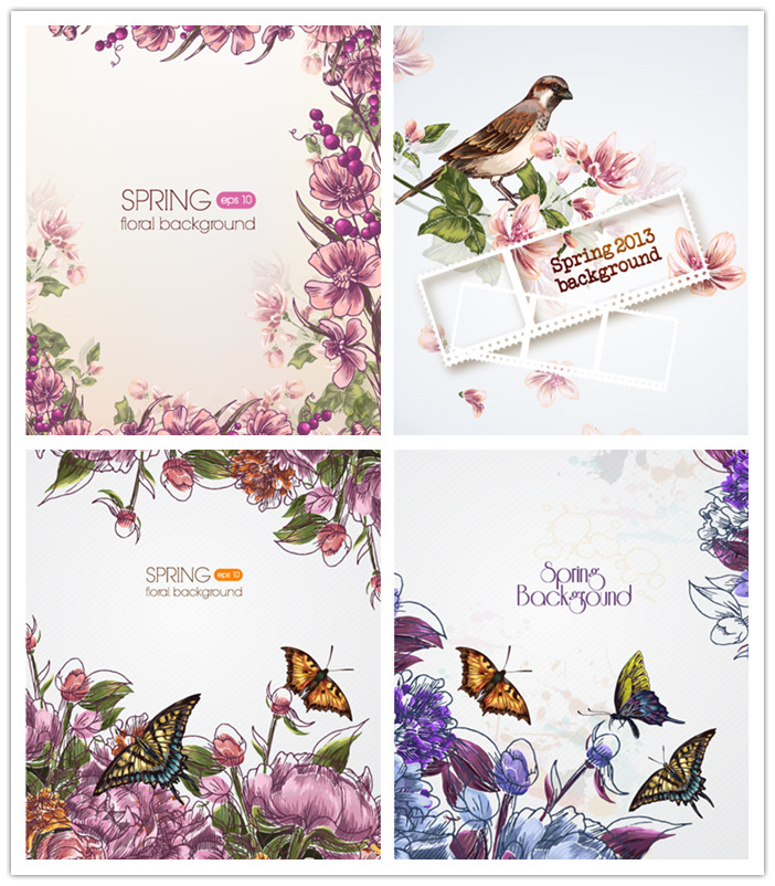 A0658矢量复古花鸟蝴蝶背景图案海报模板 AI设计素材