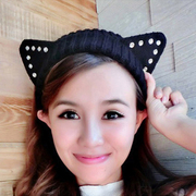 Colorful grid (accessory) package post Korean fashion sells wool knit wide cute rhinestone cat ears headband