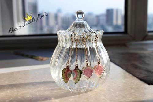 N2碧玺巴西雕刻叶子事业有成耳环耳坠一对三色绿粉蓝礼品送人现货