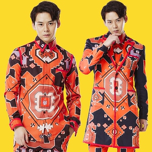 男歌手男DJ演出走秀款几何抽象涂鸦长款西服演出服A113