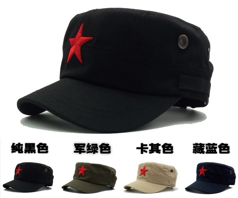 夏季棉质太阳帽老人纪念帽子老式平顶帽爱国帽军绿色五角星鸭舌帽