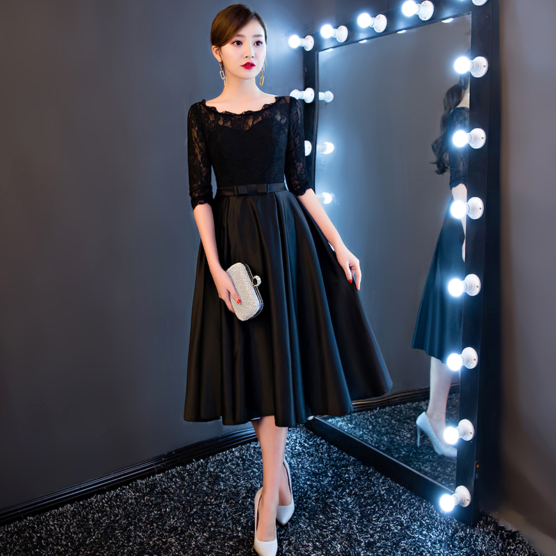 晚礼服2018新款显瘦黑色小礼服裙年会中长款