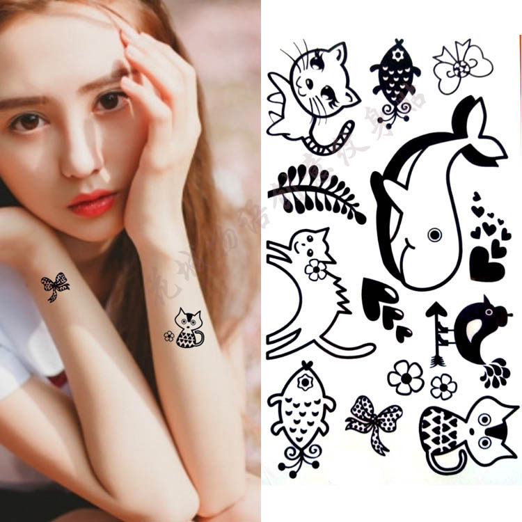 3张 防水纹身贴女持久儿童女孩可爱贴纸动物图案海豚猫咪鱼