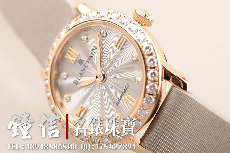 已售出【97新】宝珀玫瑰金镶钻两针自动机械皮带女表0062-312GC-52