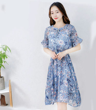 2017夏季新款印花雪纺连衣裙中长款大码修身时尚气质显瘦A字裙潮