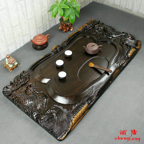 新款黑檀木茶盘 双龙戏珠 精雕大厚 实木整块功夫具