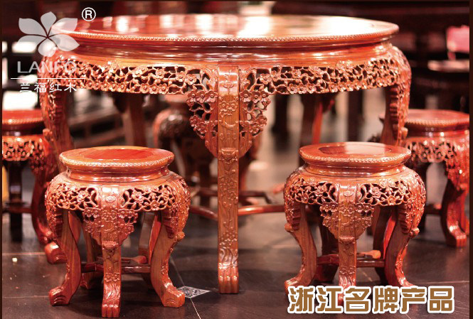 兰福红木家具 大果紫檀 花梨 梅开五福圆台 圆桌六件套1米 1米2