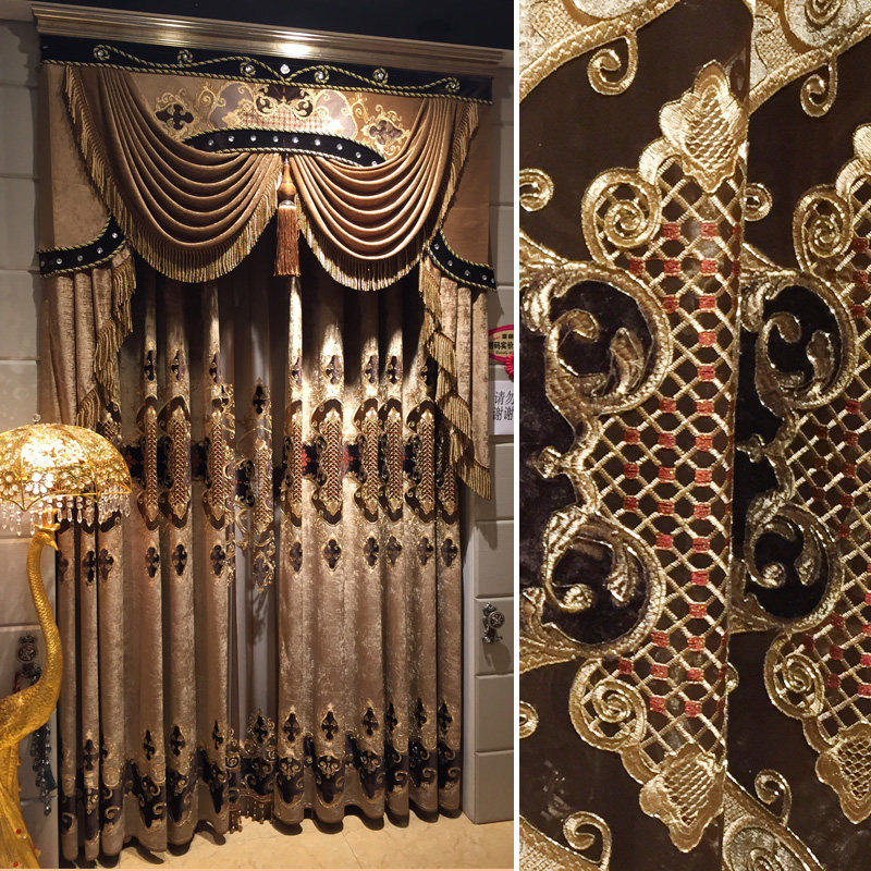 复古欧式客厅绣花咖色雪尼尔镂空窗帘窗纱大气别墅卧室落地窗成品
