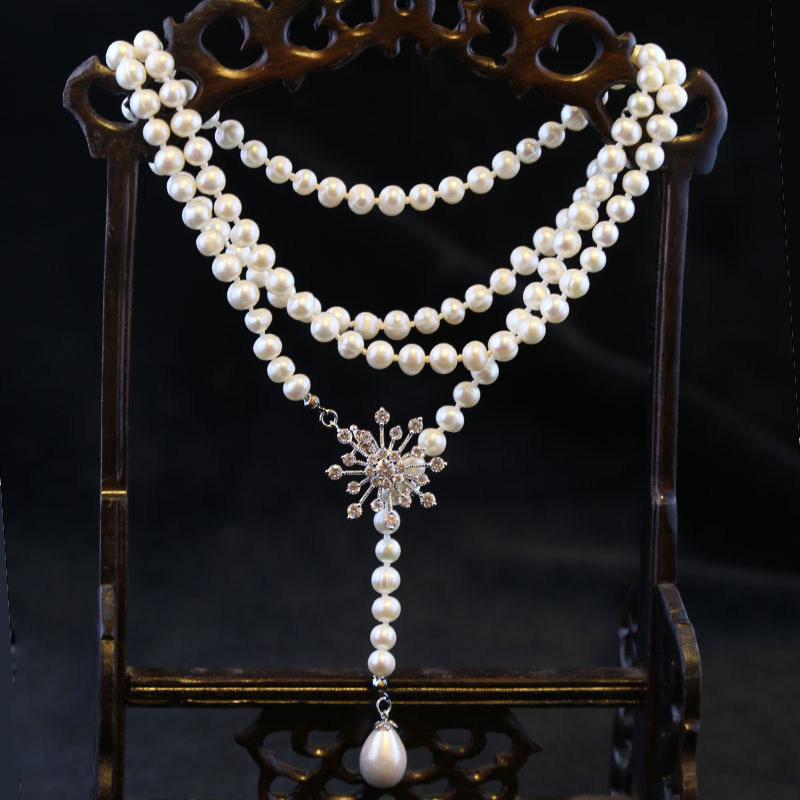 双层天然淡水珍珠吊坠项链女纯银长款毛衣链韩国百搭长项链配饰品