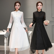 实拍2017春季新款复古真丝印花七分袖连衣裙 女士立领中腰中长裙