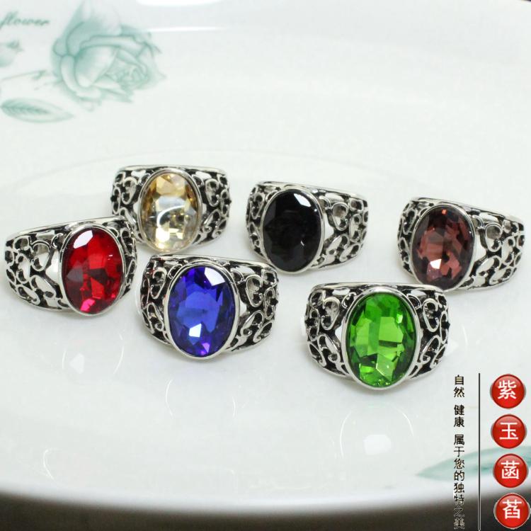 戒指男士欧美复古彩宝椭圆蓝宝6色多码凯特王妃宝石情侣戒cb026