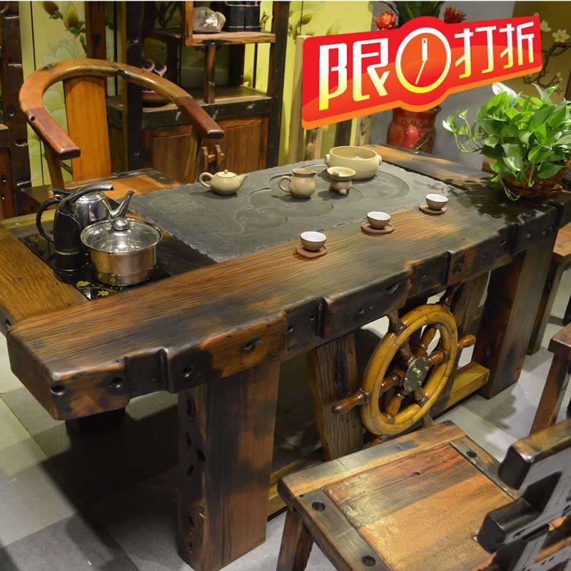 老船木茶桌椅组合功夫茶台实木茶几古沉船木茶艺桌阳台仿古家具