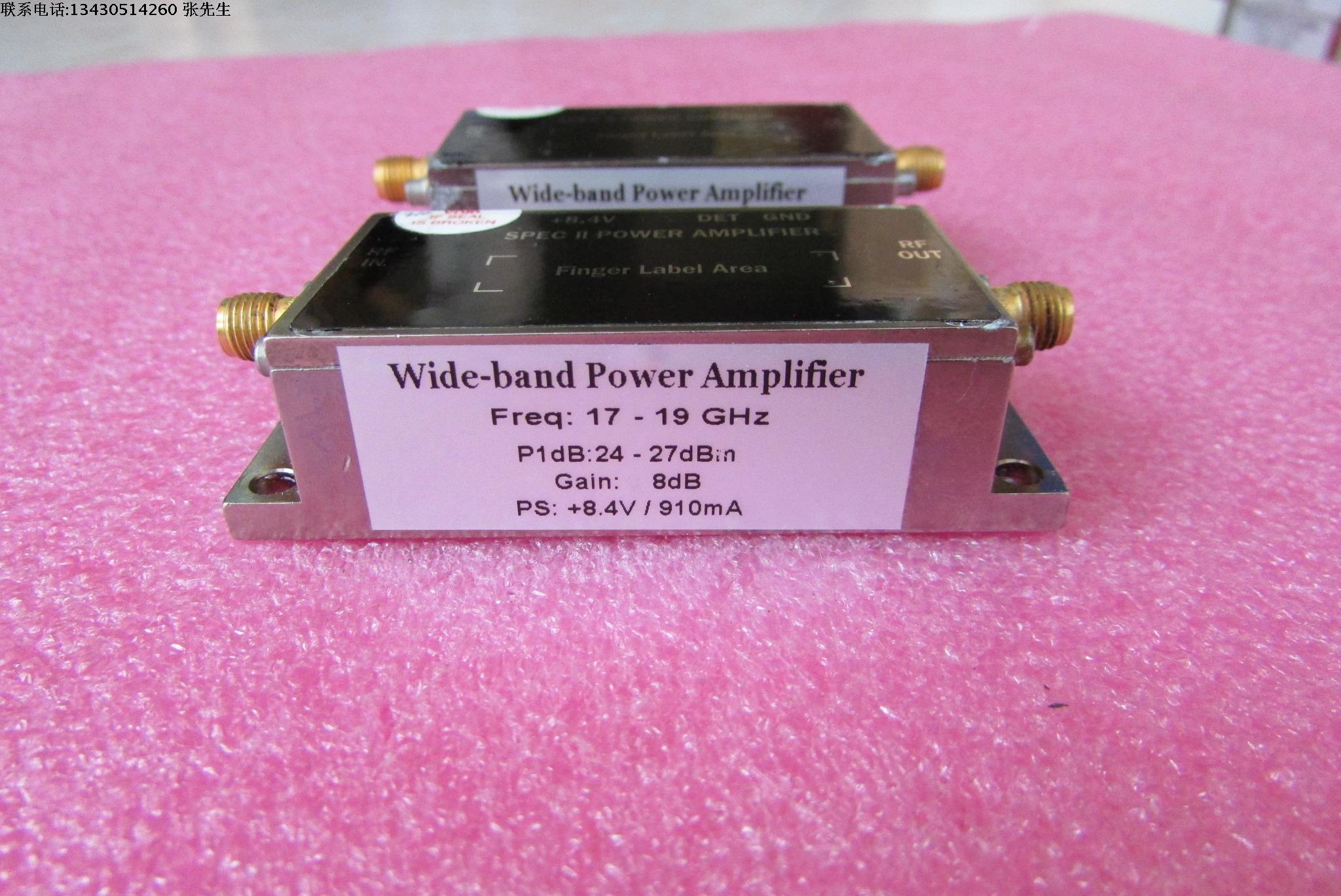 美国进口 17-19GHz 24-27dBm SMA 射频微波中功率放大器 质量包好，包能用 可提供详细测试图 工作频率：17-19GHz 增益: Typ 8dB  输出功率: 24-27dBm 工作电压：+8.4V  / 电流大约：910mA 左右 功能，1：检波输出; 2：输出内置隔