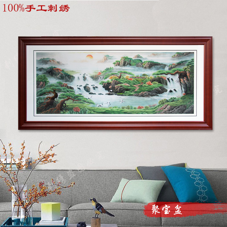 聚宝盆山水风景粤绣广绣潮绣精品好风水客厅卧室装饰画纯手工刺绣