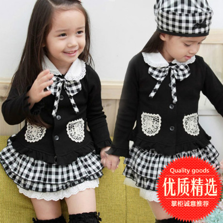 2024春秋新款儿童装女童韩版宝宝学院风黑白格子长袖短裙三件套装