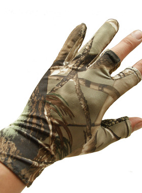 夏季薄款防晒透气户外冰丝枯树叶仿生迷彩射露半指钓鱼手套男