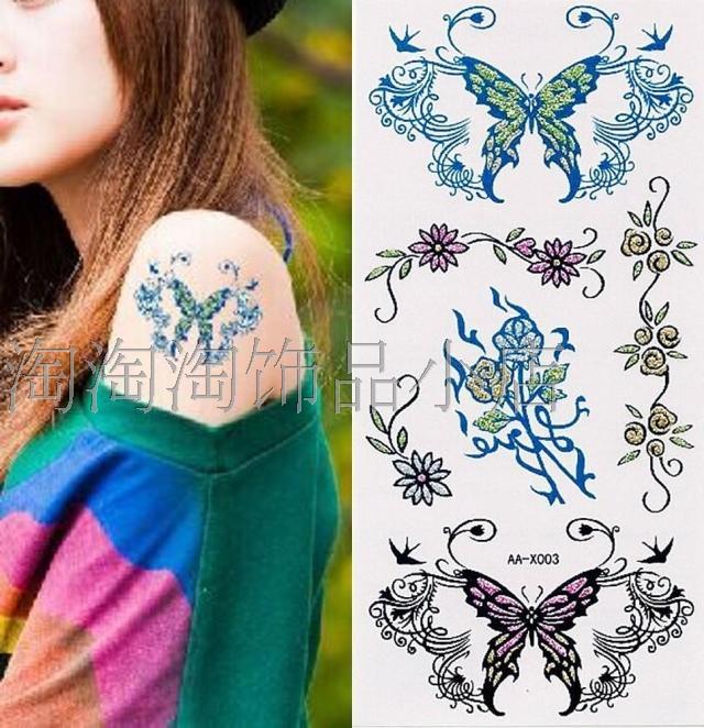 纹身贴纸闪粉亮粉防水暂时性水转印纹身贴蝴蝶遮疤痕玫瑰花朵图腾