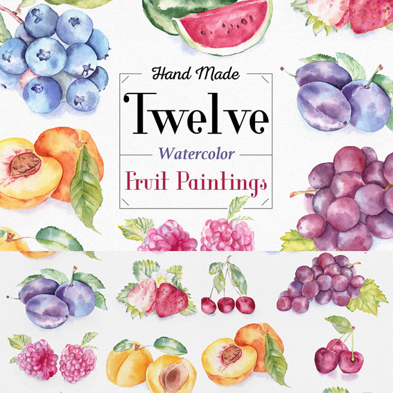 (b012)手绘水彩水果葡萄草莓杏子蓝莓西瓜图案eps矢量图 png素材