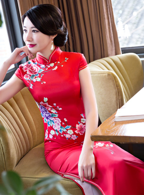 红色高考长旗袍2025年新款中国风年轻款少女日常可穿短袖旗袍优雅