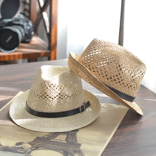高端手工镂空爵士草帽子男款女士巴拿马牛仔礼帽户外遮阳帽