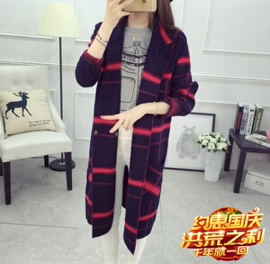 秋冬新款大码格子针织衫女时尚宽松加厚翻领中长款毛衣外套大衣潮