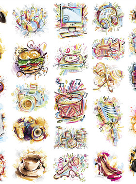 矢量设计素材 25张彩色涂鸦插画风格物品模板音乐照相机运动 EPS