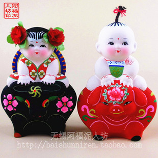 无锡惠山泥人精品金童玉女大阿福大师纯手工送结婚外宾中国风礼品