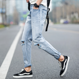 牛仔裤 男式 春秋款 修身 男潮 浅色乞丐破洞牛仔裤 休闲裤 男生潮牌韩版