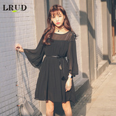 LRUD2016春装新款韩版修身显瘦九分喇叭袖纯色雪纺连衣裙女