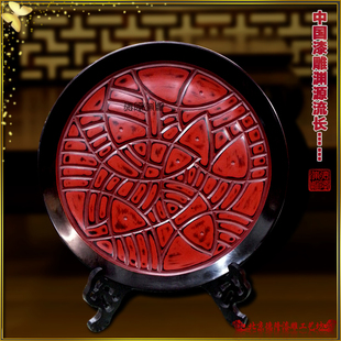 特色礼品质量保障雕漆收藏升值脱胎老货手工雕刻12寸吉庆有鱼盘