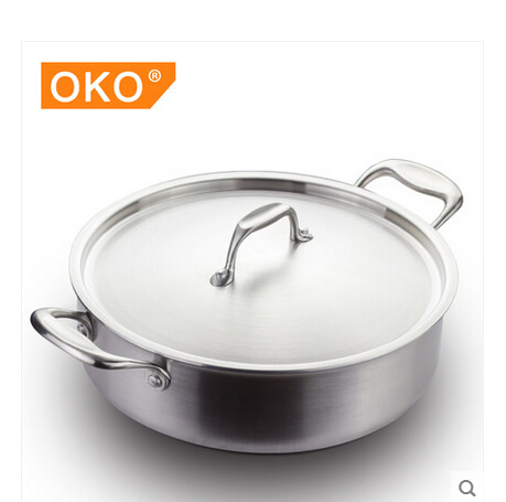 oko双耳不锈钢煎炒锅 带不锈钢盖 不锈钢双柄 无涂层煎锅26cm包邮