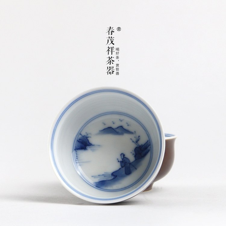 春茂祥茶具景德镇紫金釉手工茶杯青花瓷纯手绘山水双线内画品茗杯