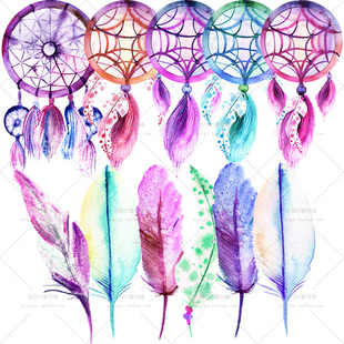 cm311梦幻唯美彩色羽毛捕梦网分割手绘水彩PNG免抠图设计素材