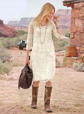sundance 连衣裙性感蕾丝白色中长裙七分袖女裙子经典正品73686