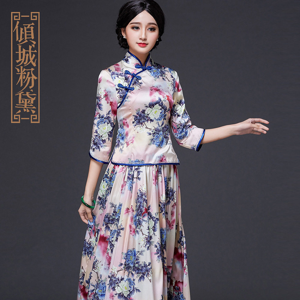 重磅真丝旗袍上衣长袖妈妈装桑蚕丝修身显瘦唐装上衣女汉服秋春秋